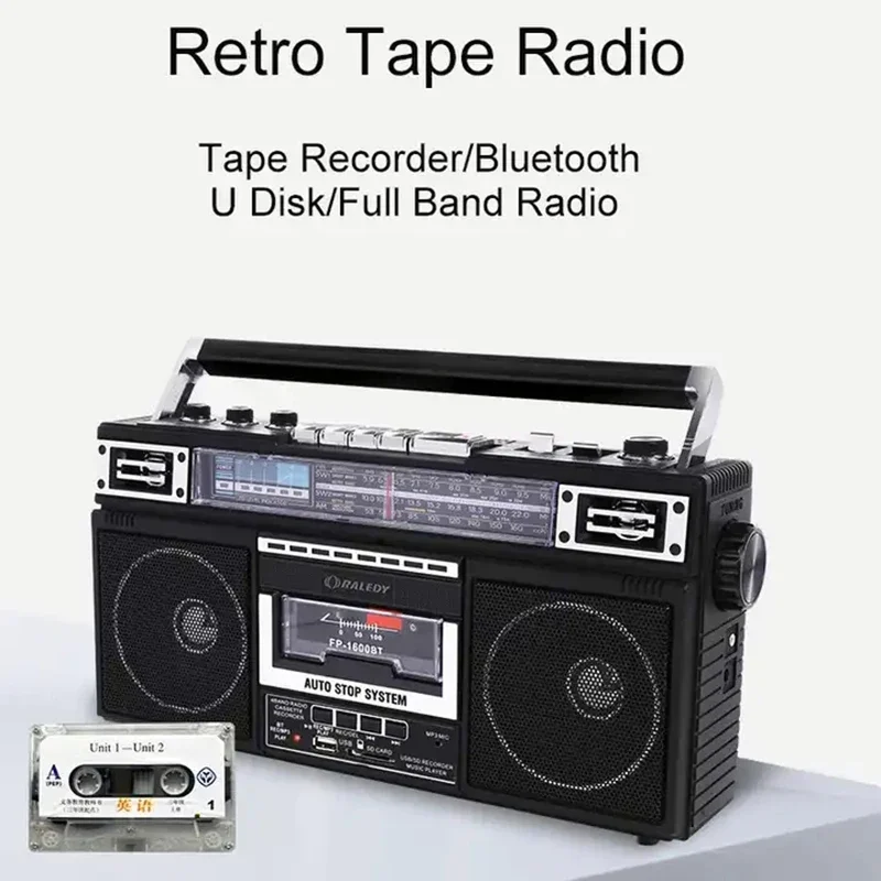 Vintage Boombox Cassette Tape Recorder AM/SW/FM 3 Band Recorder Radio Wireless BT Speakers Support AUX TF Card USB Drive Player