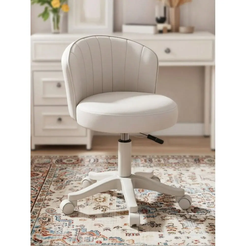 

PetiteFriendly Round Vanity Chair, Compact PU Leather Swivel Rolling Chair With Height Adjustment, Low Back Space Saving Design