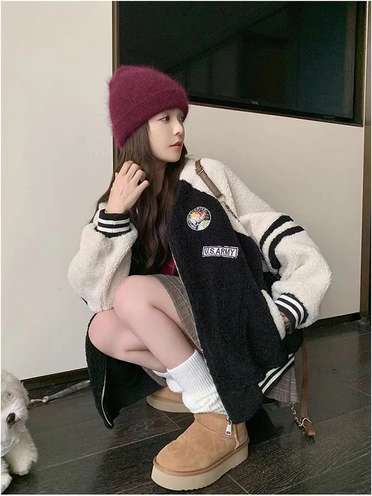 معطف نسائي من فراء الخروف من Thiened معطف بيسبول دافئ النسخة الكورية مجموعة الخريف المرقعة ملابس خارجية #3