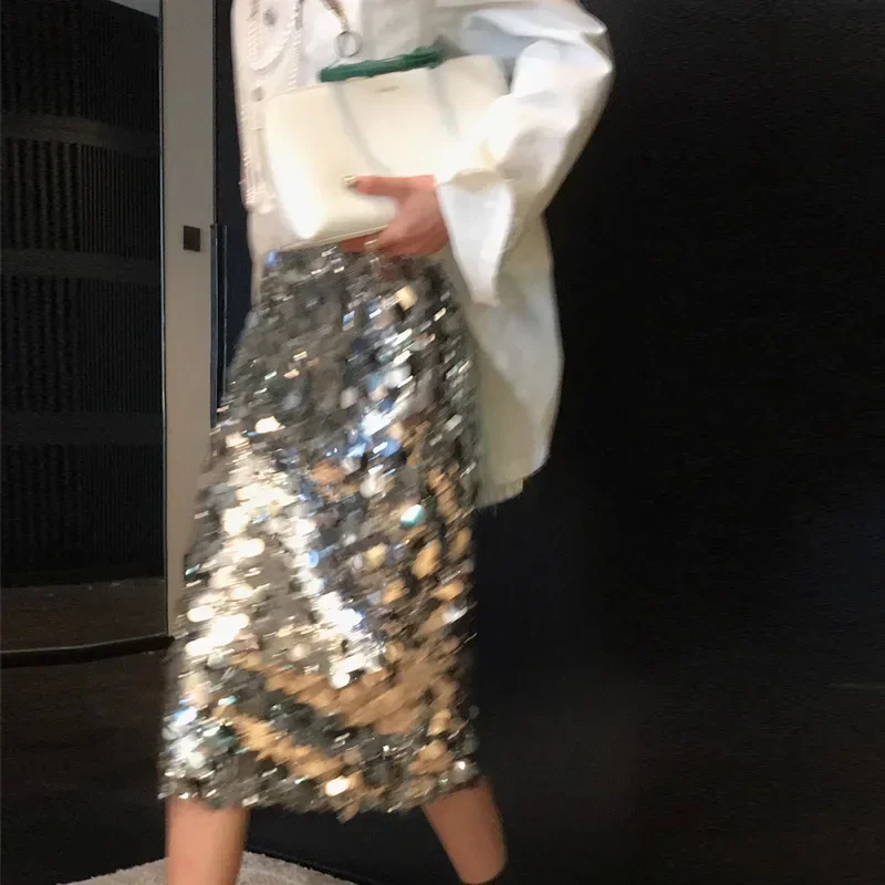 

Sequin Midi Skirt Women's Winter New High Waist Slimming Design Unique Mid-Length Straight Skirt 2025