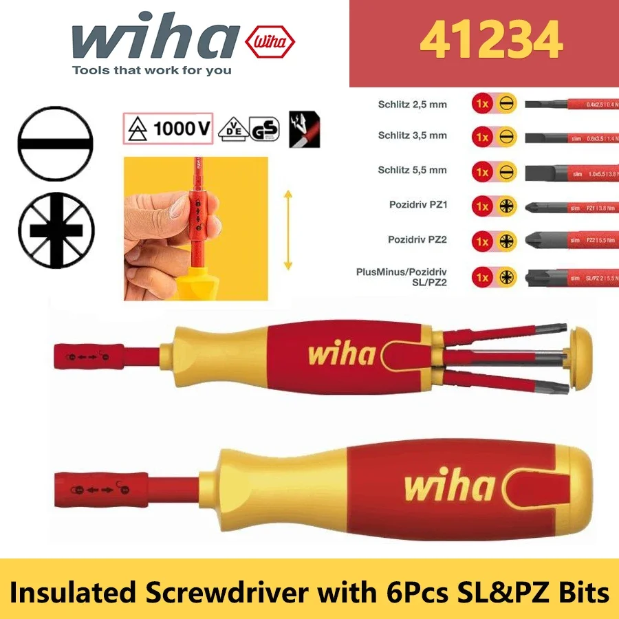 WIHA 41234 Insulated Screwdriver with 6Pcs Slim Magnetic Slotted and Pozidriv Bits Electrician Magazine Screwdriver Hand Tool