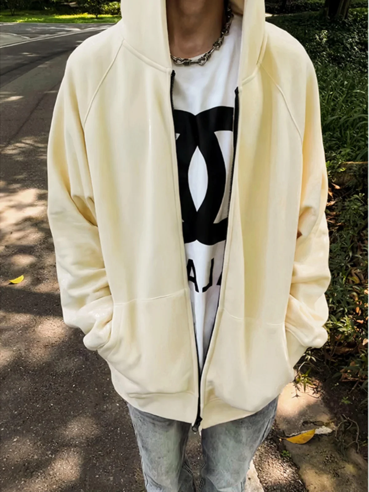 

Beige Hooded Open Cardigan Men's Spring Autumn High Sensation Cool American Brand Trendy Jaet Casual Loose Fit Zipper