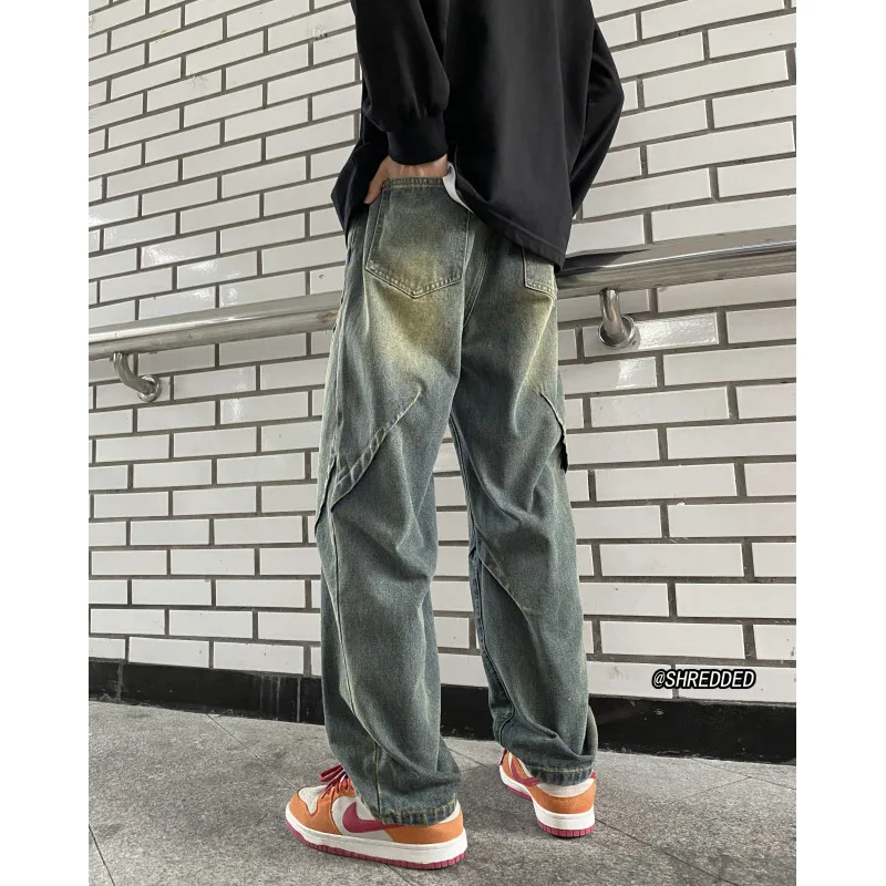 

Washed Denim Jeans Men's Spring Autumn Loose Straight Leg Long Pants Retro American High Street Vibe Youth Trend Wear Resistant