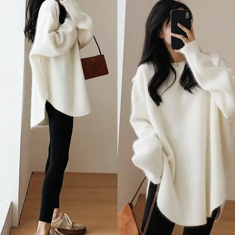 Damski pulower O Neck Off-white Luźne swetry z dzianiny dla kobiet Długi tanie top Trend Y2k Vintage Koreańska moda Gładka