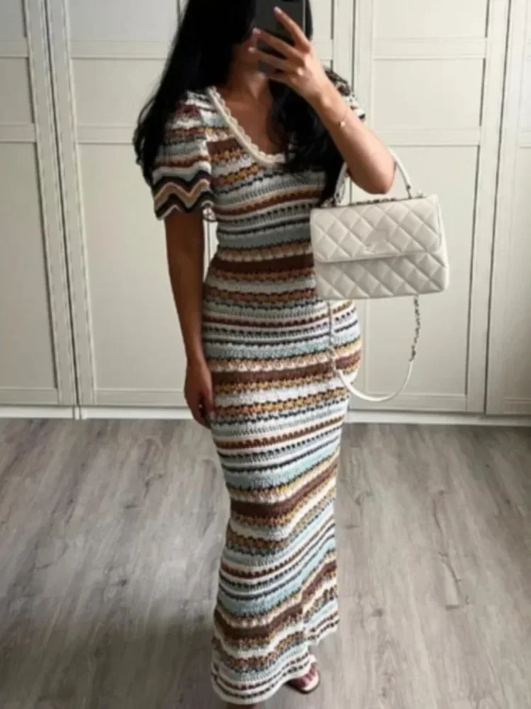 Women's Striped Knitted Dress Round Neck High Waist Slim Short Sleeve Long Holiday Beach Dress Summer New Female Chic Dress