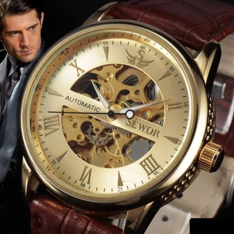 

SEWOR Brand Golden Case Roman Number Dial Watch Mechanical Automatic Self Wind Luxury Classic Men's Wristwatch Nice Gift