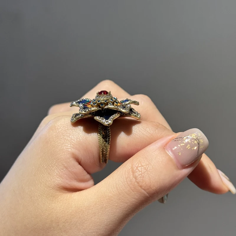 Vintage Enamel Rings Flower Peacock Ring - Image 5