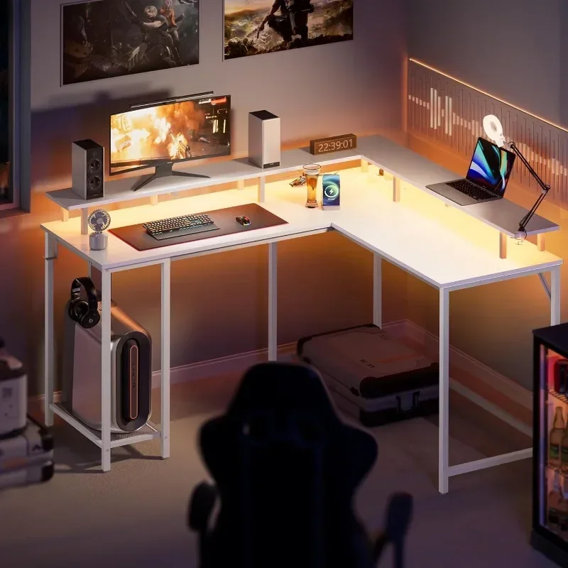 

q L Shaped Computer Desk with Power Outlets & LED Lights, Gaming Desk with Monitor Stand & Storage Shelf