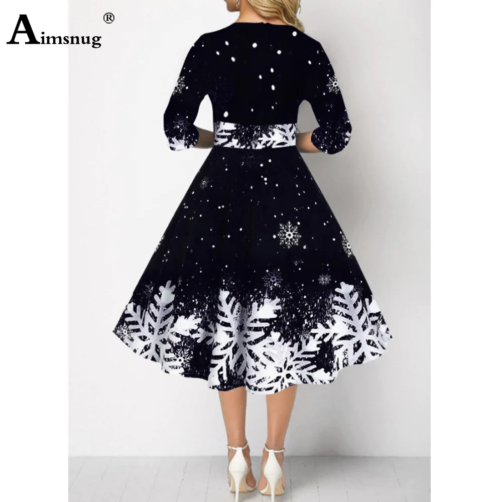 Women Three Quarter Sleeve Dress Loose Vintage Snowflower Print Befree Dress Large Big A-line Party Elegant Mid-Calf Dresses