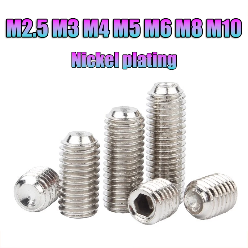 Grade12.9 Nickel Plating Hex Hexagon Socket Cone Point Grub Set Screw M2.5 M3 M4 M5 M6 M8 M10 Allen Head Tapered End Bolt