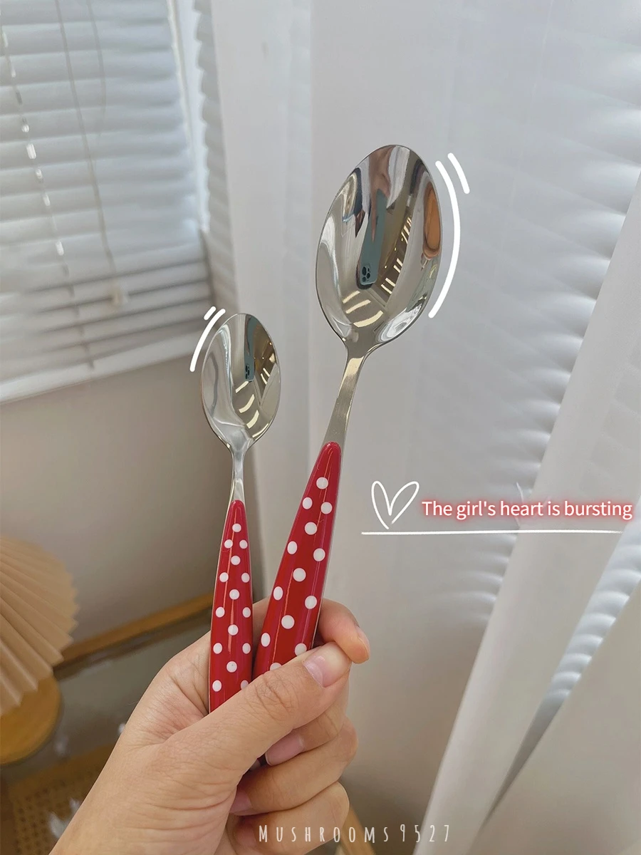 Mushrooms 9527  Korean Girl Red Polka Dot Spoon Stainless Steel French Retro Home Dessert Western Spoon Coffee Spoon