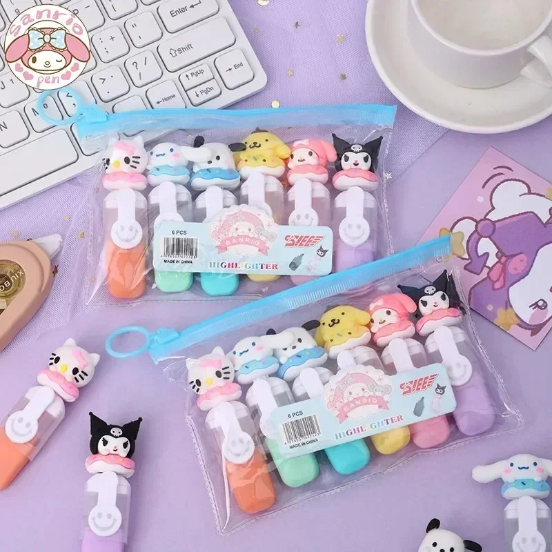 

Sanrio, Hello Kitty хайлайтер Kuromi мультфильм моя мелодия высокий Коричный ключ маркер ручка 6 цветов Набор граффити цветная ручка