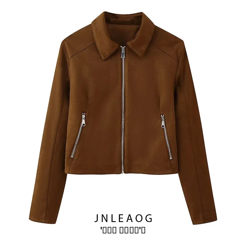 JNLEAOG Faionable ort Zipper Jaet Collar Women's Outerwear Versatile Autumn New Arrival Polyester Long Sve Coat