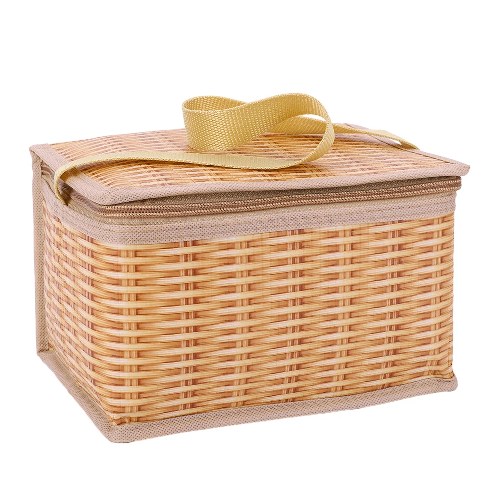 Portable Wicker Rattan Outdoor Camp Picnic Bag Waterproof Tableware Food Container Baskets Insulated Thermal Cooler