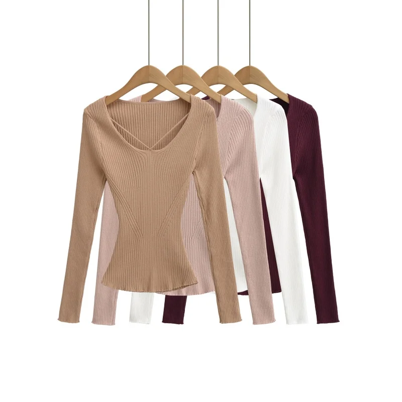 

Облегающий вязаный свитер с длинными рукавами и перекрестным вырезом, базовый стиль, женская зимняя модная верхняя одежда, универсальный внутренний слой, топ