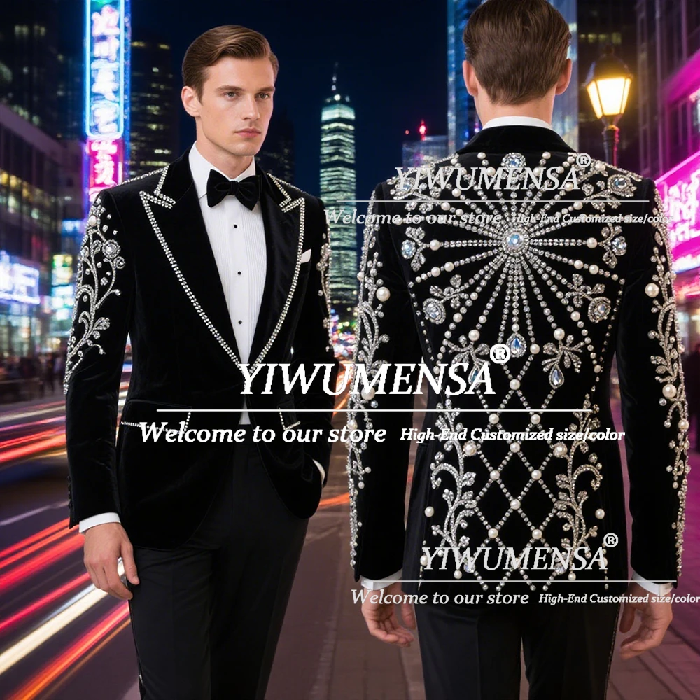 

Male Fashion Beaded Stones Suits Men For Wedding 2 Pieces Sets Peaked Lapel Prom Blazers Customized Groom Formal Party Tuxedos