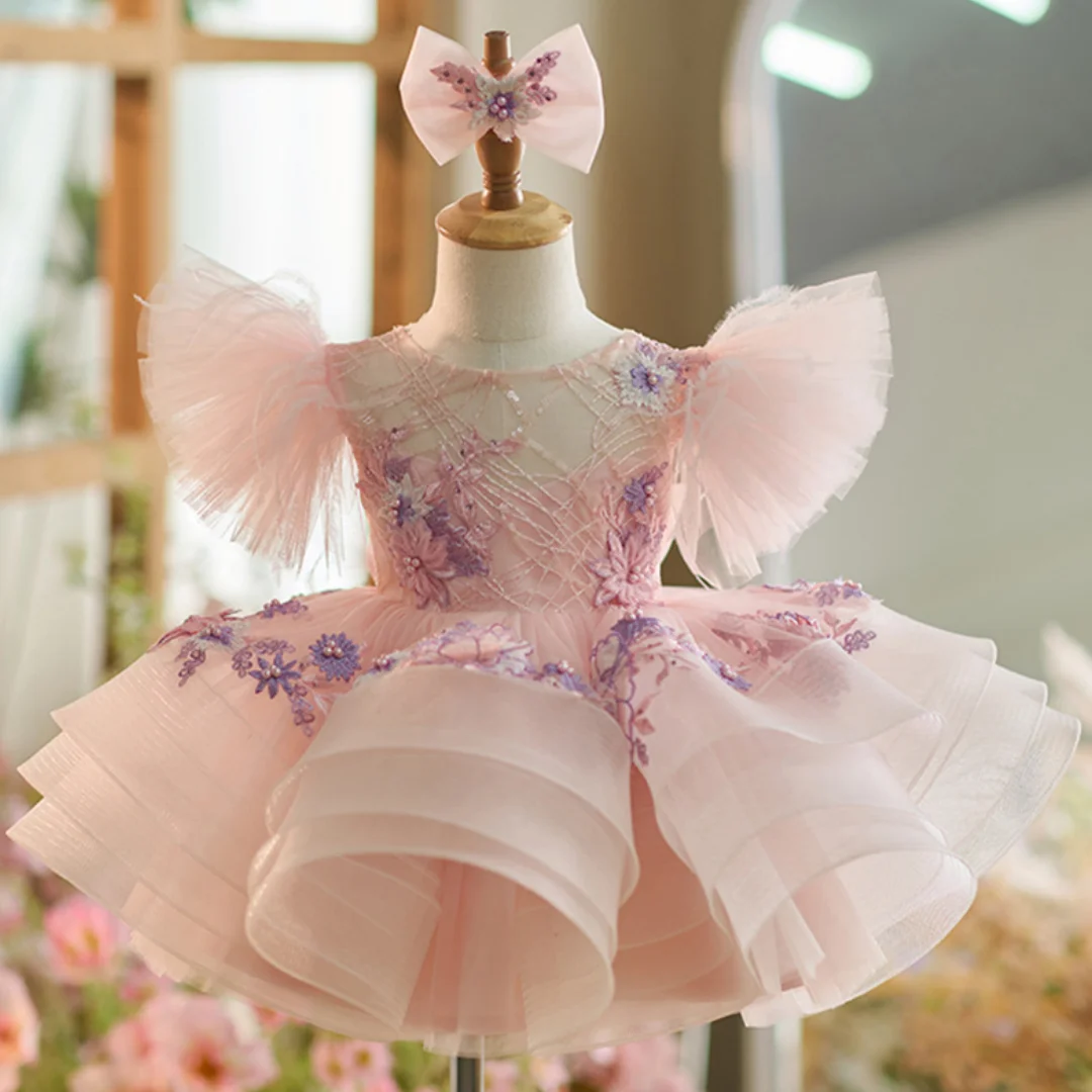 

Pink Flower Girl Dresses Puffy Colorful Appliques With Bow Short Sleeve For Wedding Party Birthday Banquet Holy Communion Gowns
