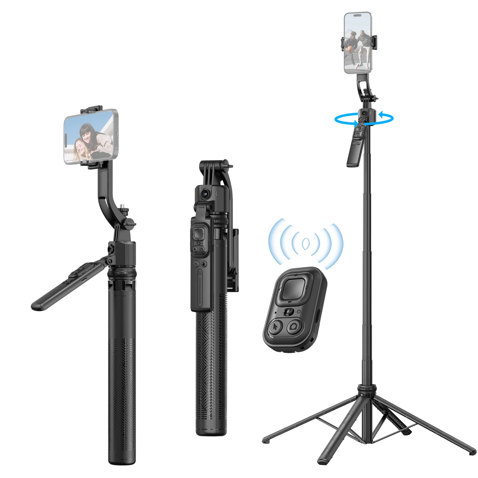 AI Face Tracking Phone Selfie Stick Tripod 360° Rotatable Gesture Control Max 64.3in Quadrapod Detachable Phone Holder