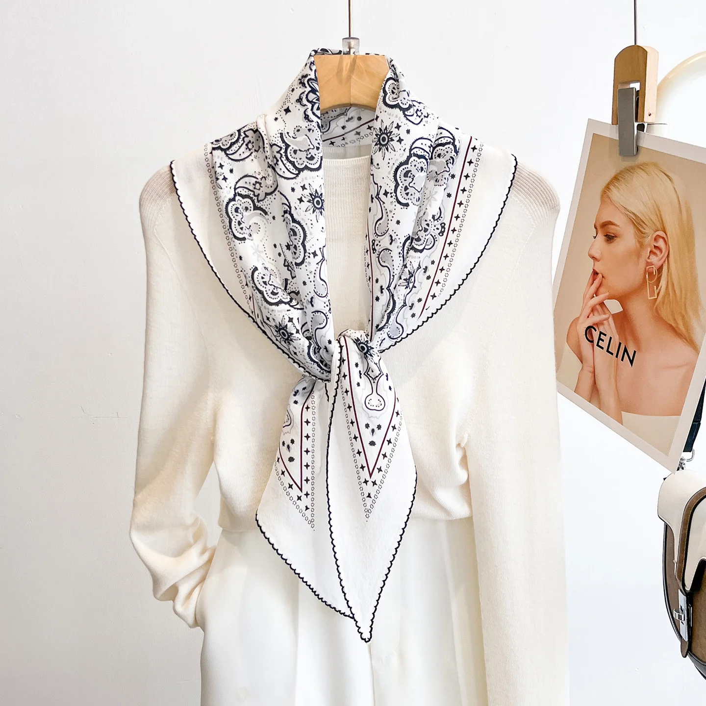 

100% Silk Women White Vintage Paisley Scarf BOHO Neck Tie Bandana Retro Floral Print Hair Ribbon Handbag Wrap Accessory