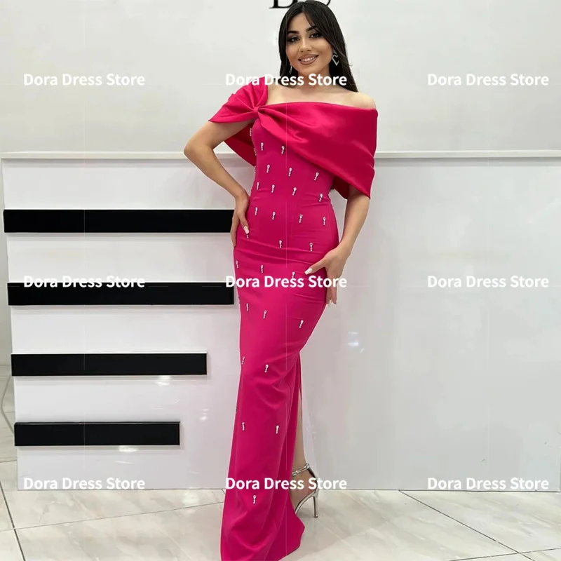 

Fuchsia prom dress for woman Saudi Arab formal occasion dresses off the shoulder stones beading mermaid evening gown back slit