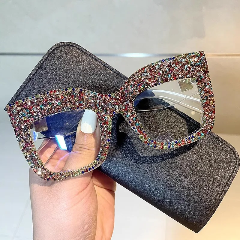 Luxury Diamond Anti Blue Light Square Glasses Women Vintage Myopia Prescription Optical Brand Designer Oversized Eyewear Frame