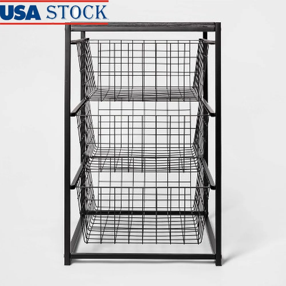 

3 Drawer Metal Organizer with Wood Top Decorative Storage Unit Clothes Shoes Accessories Bedroom Dresser Space Saver