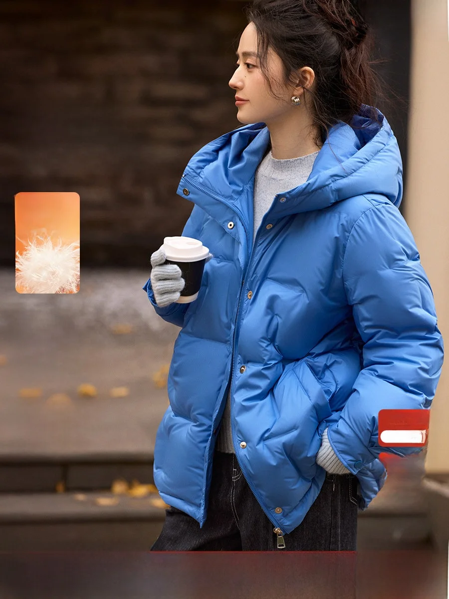 

XWI Xinwei 90 White Du down Blue Women's Puffer Jaet Winter Coat Hooded Slim Fit Warmth Not Bulky Commute Sle ort Length