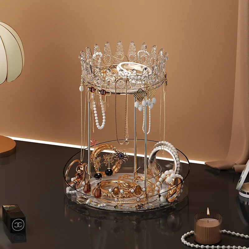 Bathroom Storage Light Luxury Crown Rotating Jewelry Storage Rack Large Capacity Double-layer Skincare Product Makeup Tray Shelt