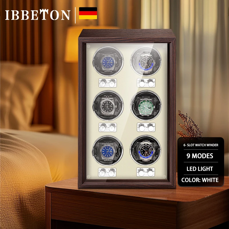 IBBETON Luxury Brand Wood Watch Winder High-End  6 Slot Automatic Watches Box with Mabuchi Moto Watch Cabinet Clock Storage Box