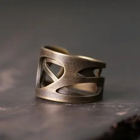 Original designer lucky hollow process open ring ingot pattern  Chinese retro light luxury charm female silver jewelry