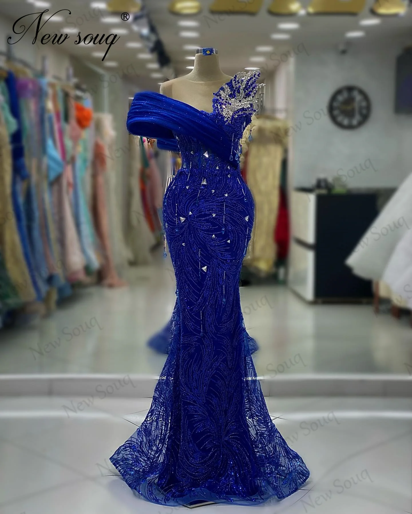 Dubai Coutures Crystals Celebrity Pageant Dress Vintage Royal Blue Long Mermaid Wedding Evening Dresses Robes Arabic Party Gowns