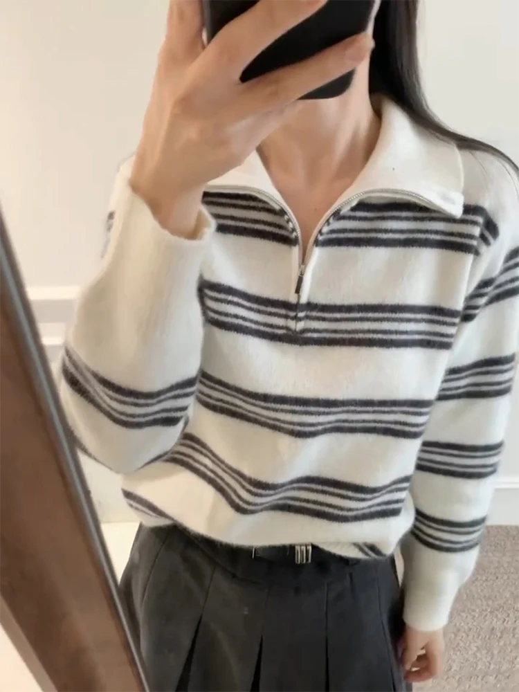 

Корейская вязаная полосатая кофта с воротником для женщин, модная, больших размеров, стройнящая, универсальная, теплая, с длинными рукавами, из камвольной шерсти