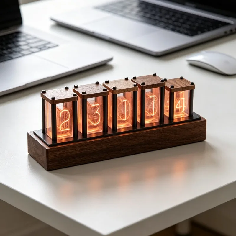 Solid Wood Digital Table Clock Imitation Glow Tube Desktop Clock Modern Indoor LED Luxury Clocks Creative Design Home Clocks