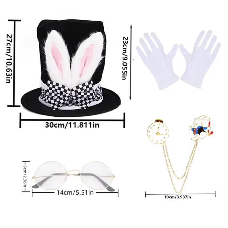 PESENAR Conjunto de chapéu de coelho branco de Páscoa, inclui orelha de coelho, chapéu de pelúcia, relógio, gravata borboleta, cosplay, coelho, acessórios de fantasia