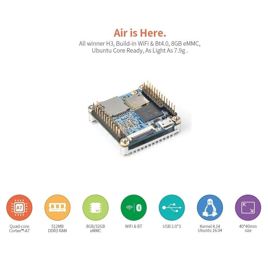 NanoPi Neo Air Kit 512M RAM/8GB eMMC Allwinner H3 Quad Cortex-A7, 1.2GHz,Wifi&BT,Camera,OpenWRT,Ubuntu Linux Armbian DietPi Kali