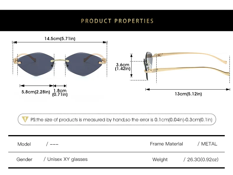 Neue Ins-Famous randlose Cat-Eye-Sonnenbrille – dünner Goldmetallrahmen mit Strasssteinen, UV-Schutz, trendige Farbtöne – Detail 5