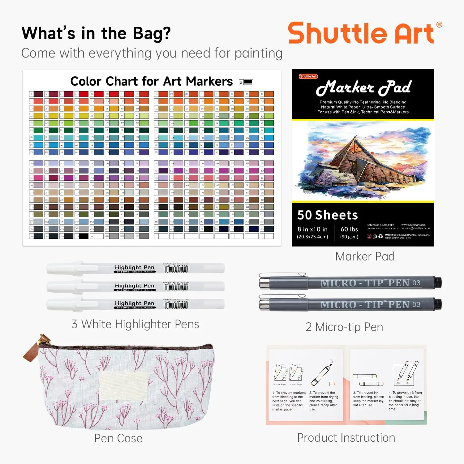Shuttle Art 310 Colors Alcohol Markers, 309 Colors Dual Tip Art Marker Set Plus Colorless Blender, Micro-tip Pens, White Highlighter Pens, Marker Bag with Holders Perfect for Students Adults Coloring