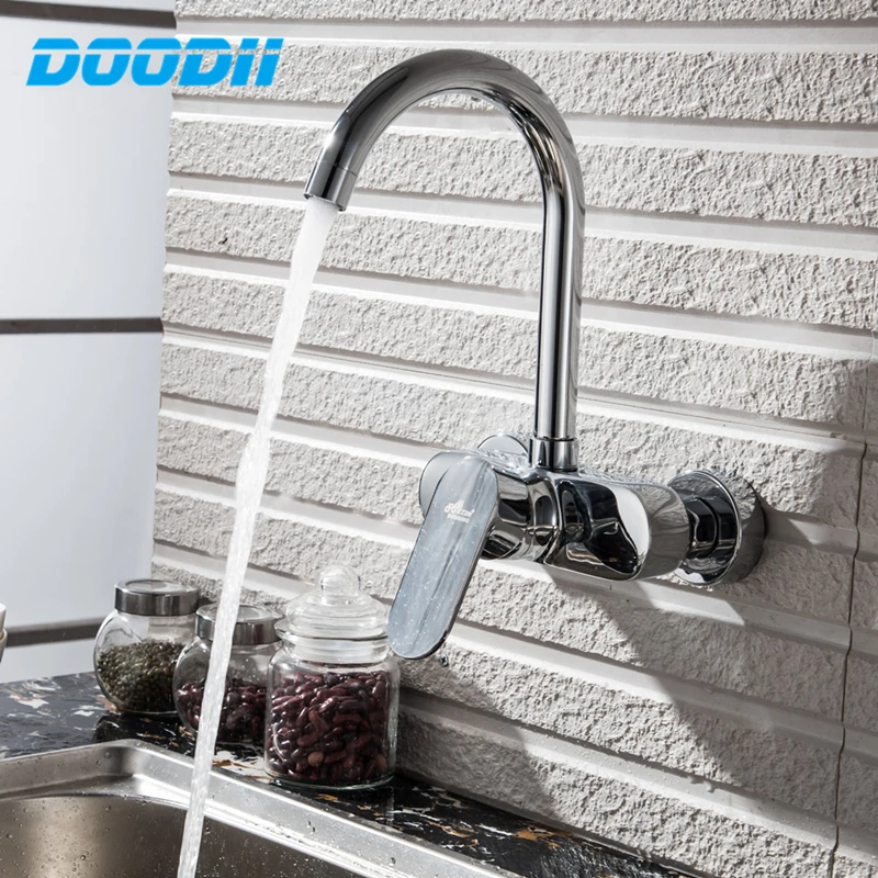 Doodii High-quality Wall Mounted Double Holes Kitchen Faucet Single Handle Chrome Kitchen Mixer Taps Dual Holes Faucet