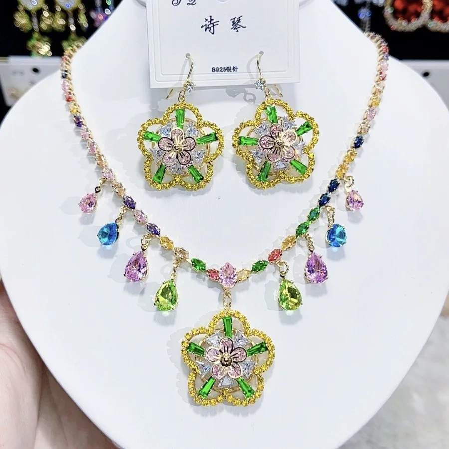 

Luxury Crystal Jewelry Set Cubic Zircon Flower Necklace Earrings Sets 925 Silver Post Bridal Jewelry Engagement Party Jewellery