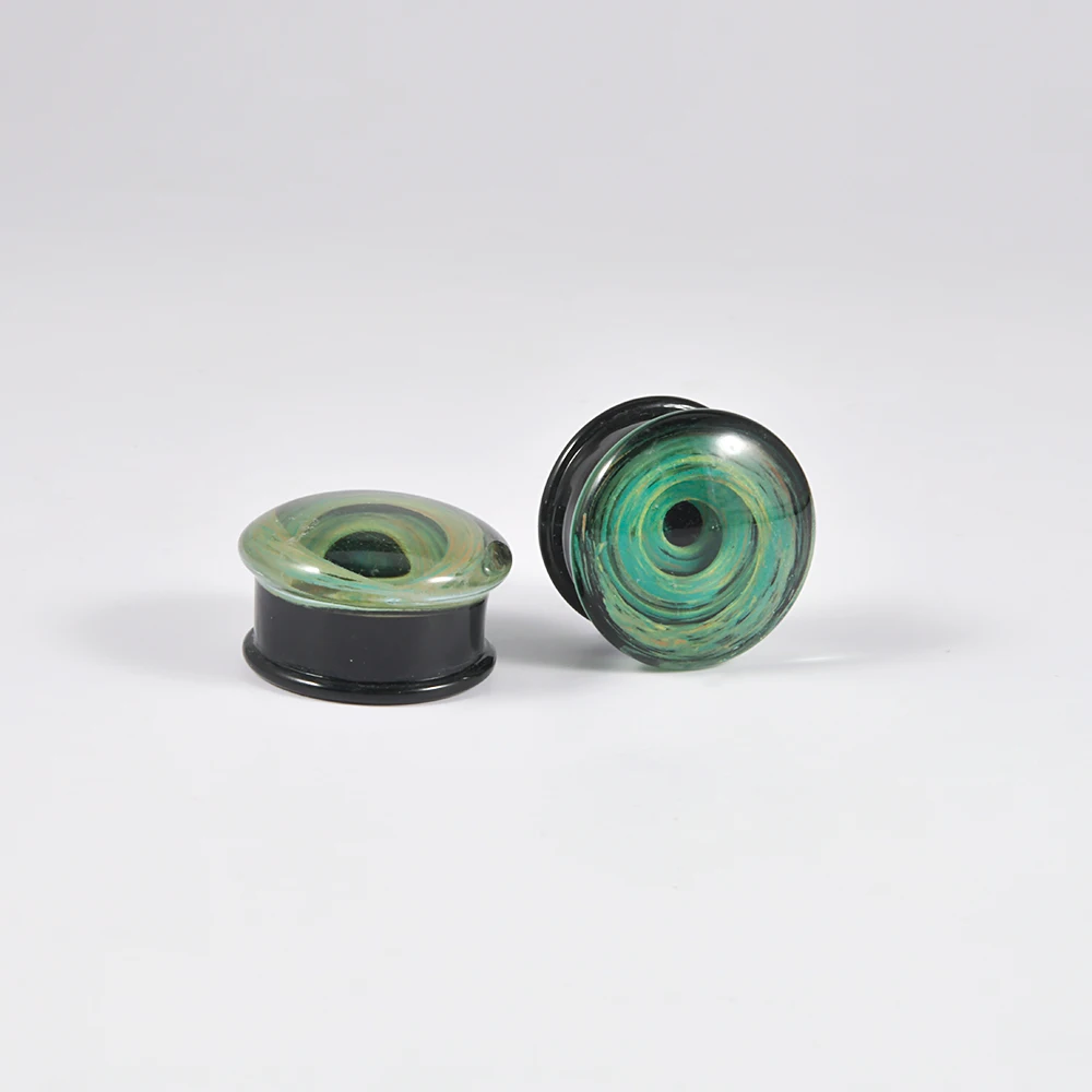 1Pair Glass Green Swirl Double Flare Flashback Ear Plug Tunnel Gauge For Men Women Ear Stretching Expander Piercing Body Jewelry