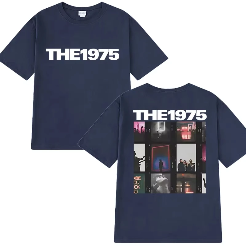 رائجة البيع جديد روك باند 1975 مزدوجة الوجهين طباعة تي شيرت الرجال النساء بلايز خمر للجنسين المتضخم القطن تي شيرتات قصيرة الاكمام