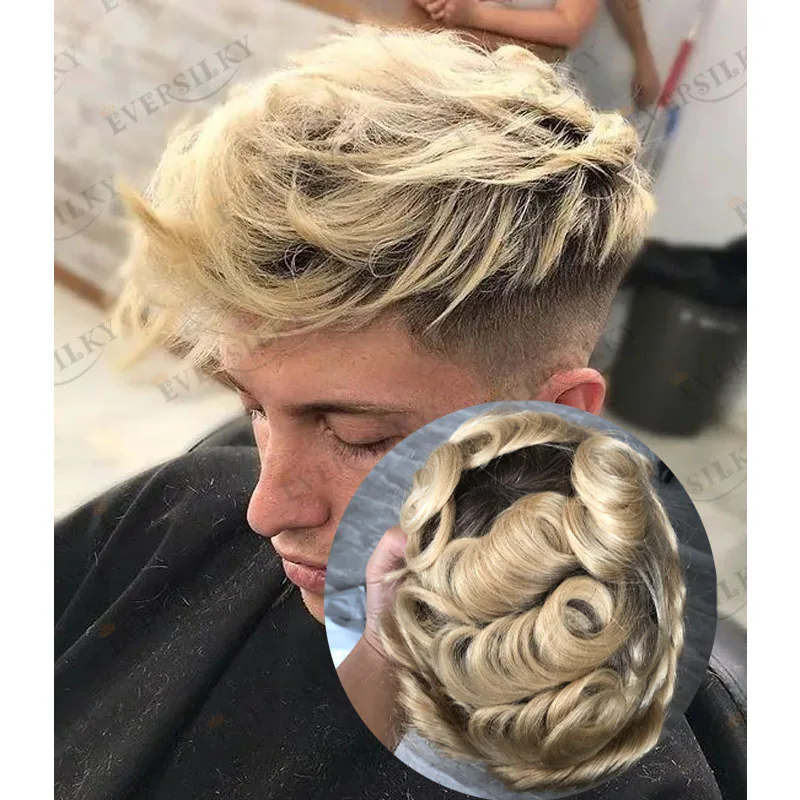

Необнаружимые мужские парики из натуральных волос Ombre Blonde, естественная линия волос, микро-тонкая основа для кожи, одинарные узлы, 30 мм, волна, мужская система волос