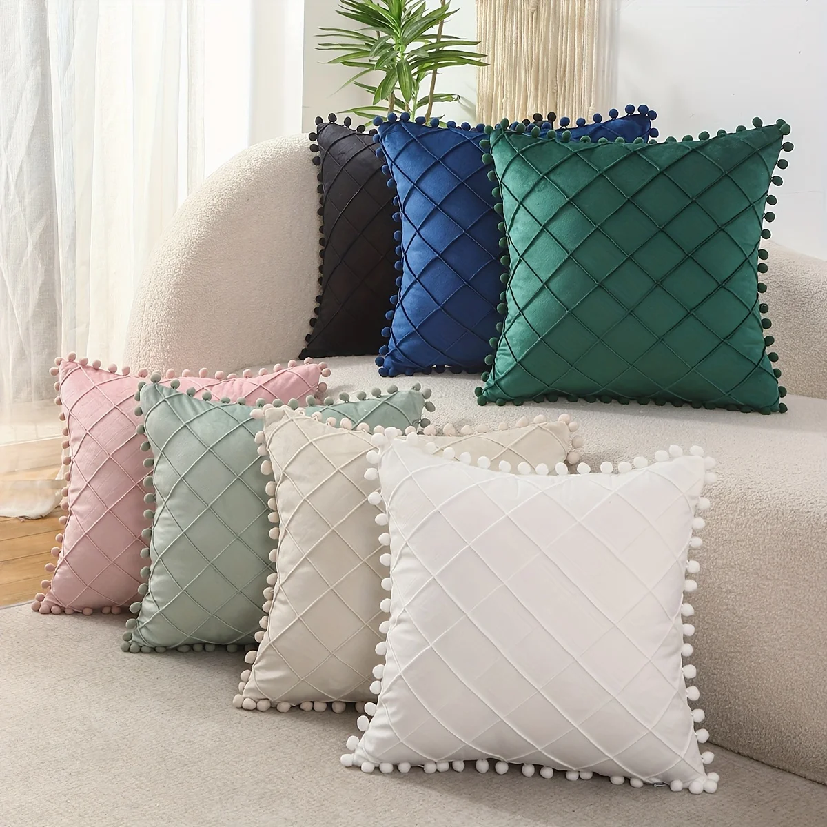 1 piece pompom decorative pillowcase pleated velvet