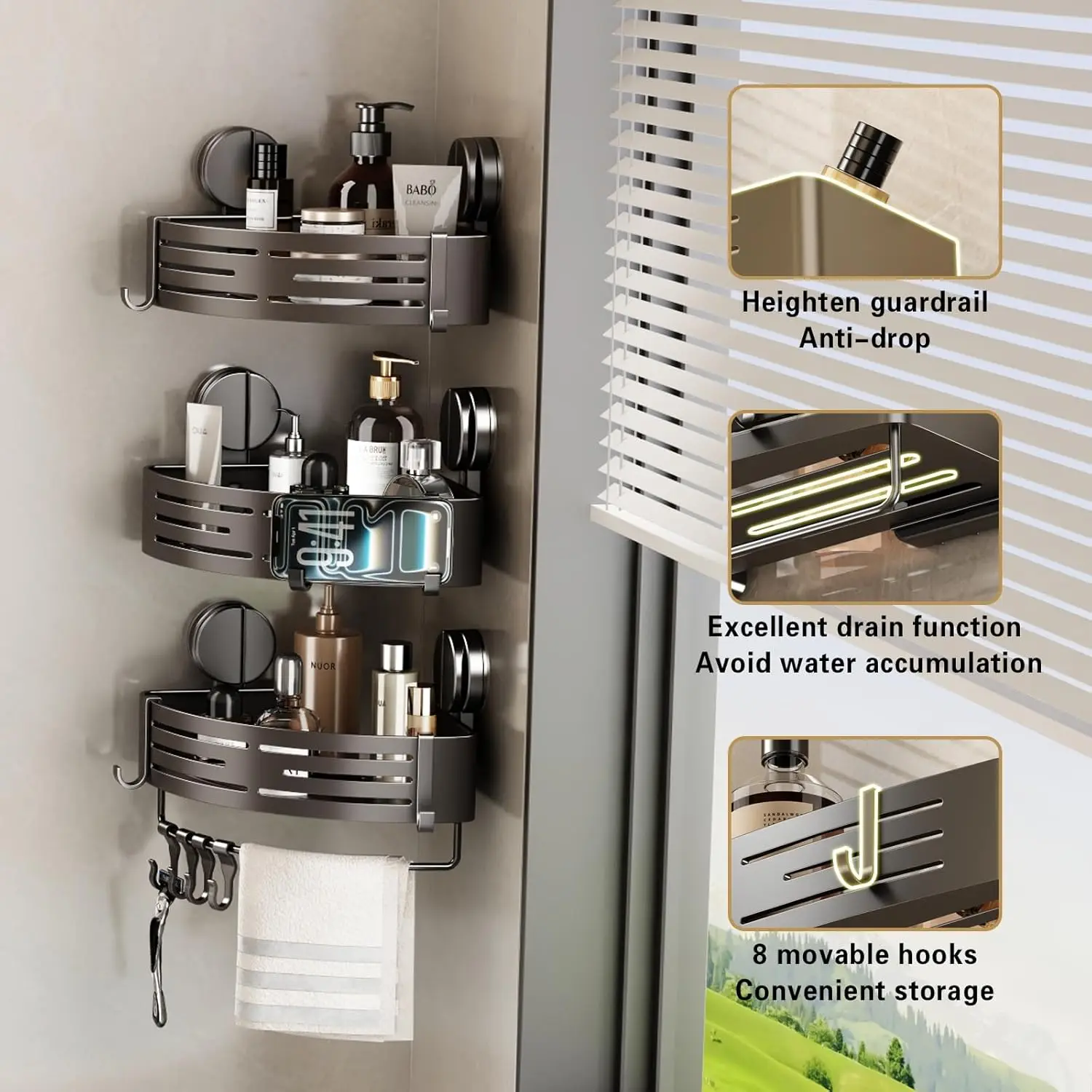 

Wall Mount No Drill Shower Corner Caddy 1/2/3 Layers Removable Waterproof Anti Rust Bathroom Shelves With Hook Home Bathroom Space Saving Storage Holder