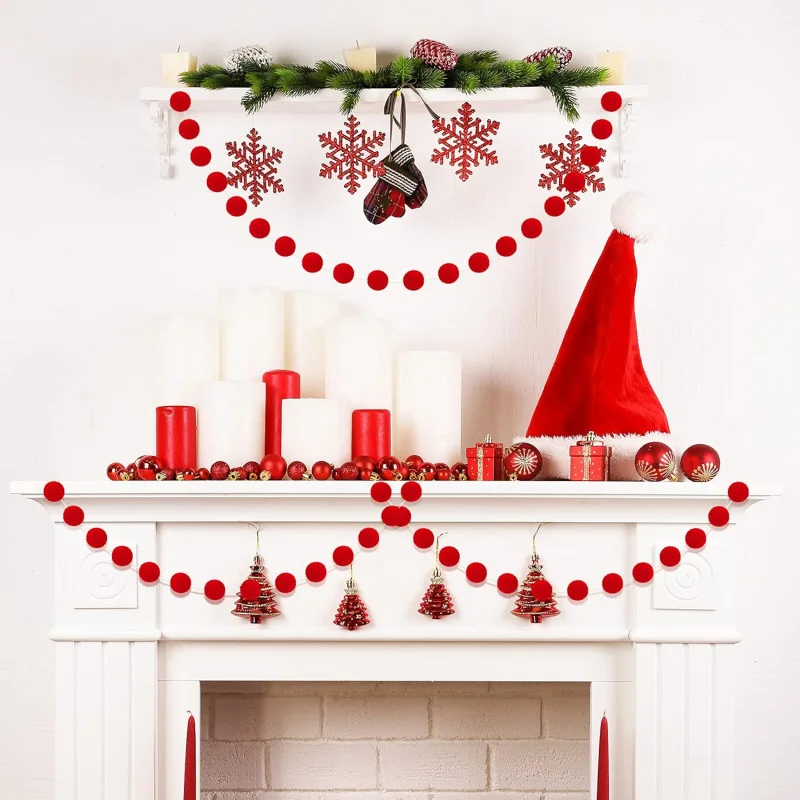 Guirnalda navideña de bolas de fieltro con pompón, guirnalda larga de 6,6 pies, pancarta colgante, decoración de árbol de Navidad (rojo)