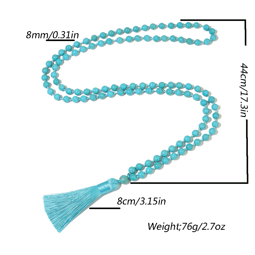 8mm Blue Turquoise 108 Mala Bead Necklace Meditation Yoga Prayer Jewelry for Men and Women