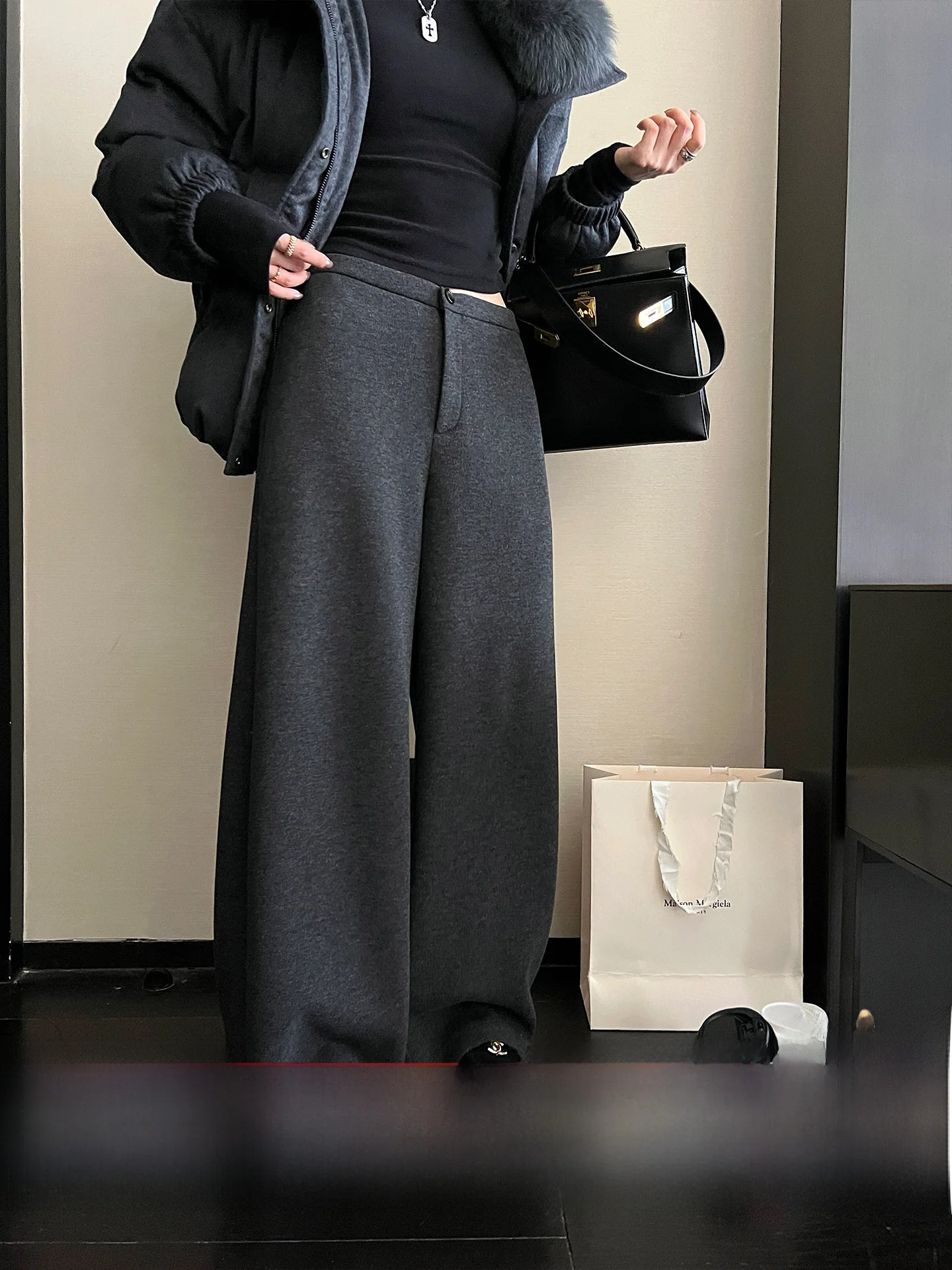 

High Quali Silk Camere Wide Leg Pants Loose Knife ape Trousers Casual High Waist Button Pure Color Women's Faion