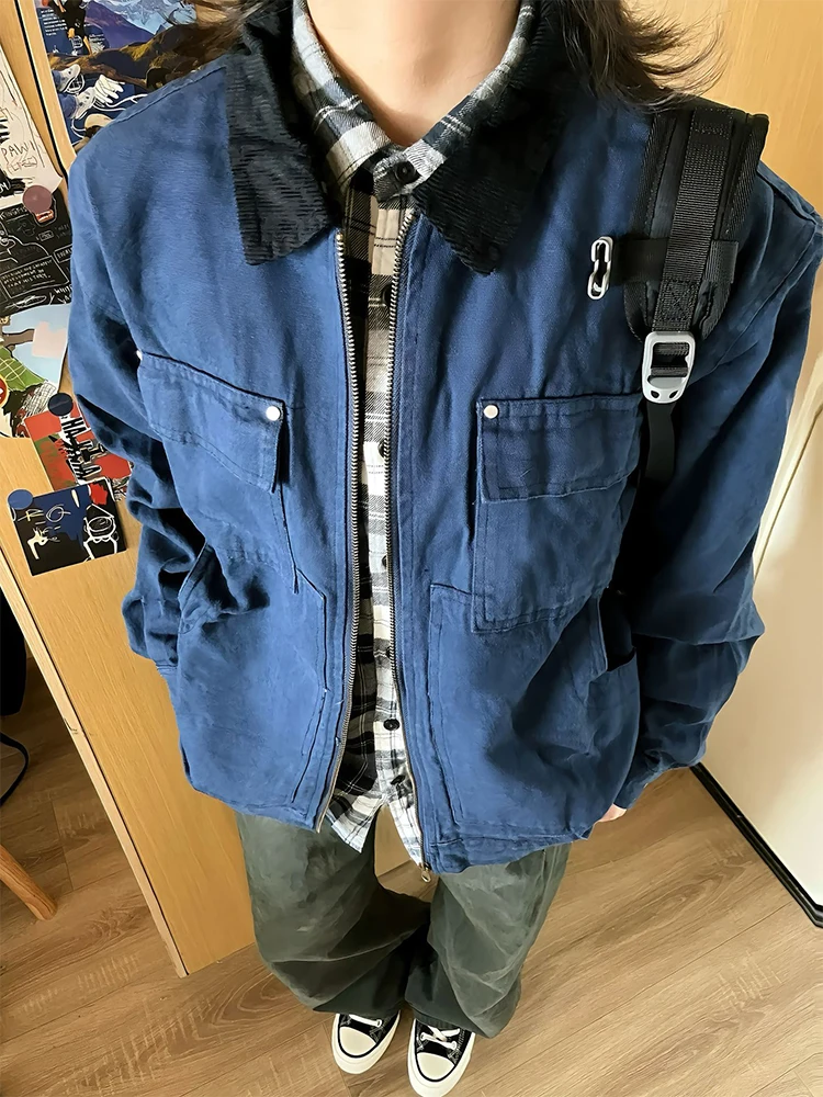 

Washed Canvas Work Jacket Men's Short Style Detroit Blue Vintage Cleanfit Collar Jacket Youth Popular Loose Fit Autumn Wear