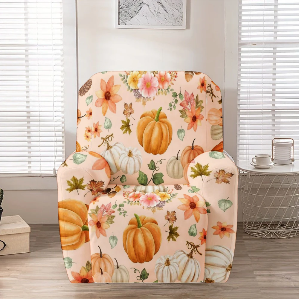 Light Peach Watercolor Pumpkin Floral Maple Leaf Recliner Chair Cover Stretch Fall Slipcover Harvest Furniture Protector
