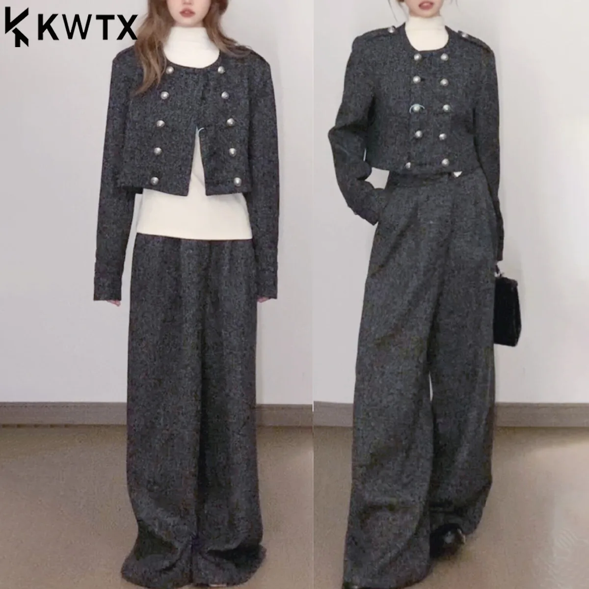 

KWTX женский повседневный комплект из 2 предметов 2025 года, однотонная двубортная укороченная куртка и широкие брюки с высокой талией, элегантный костюм в стиле ретро